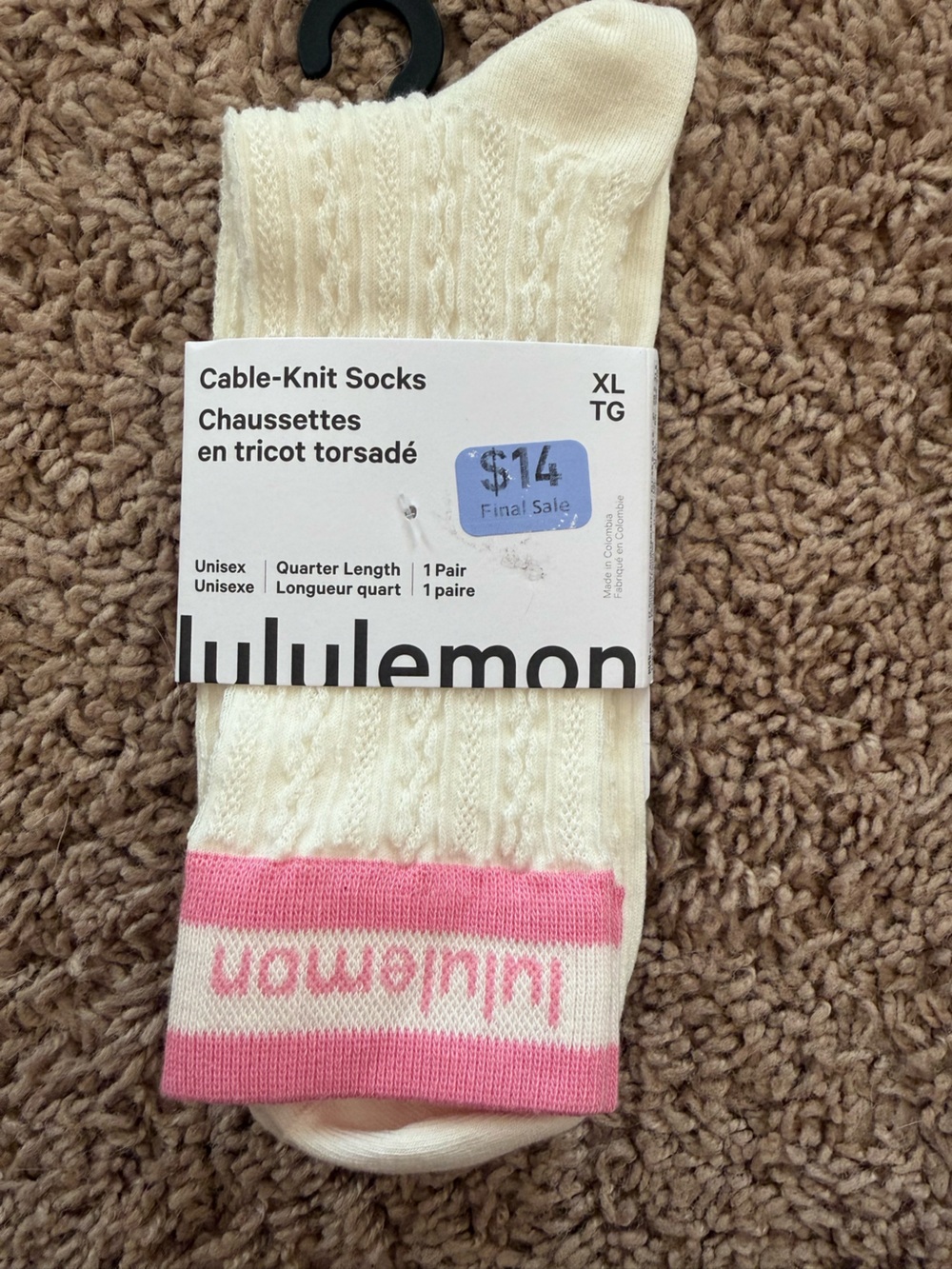 lululemon athletica Cream Cable-Knit Quarter Socks with Pink Stripe